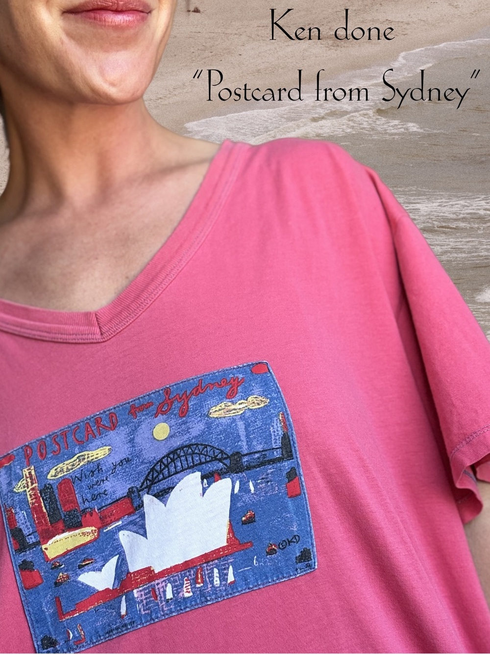VTG 90s Artist Ken Done Sydney Harbour Post Card Graphic oversized pink Tee